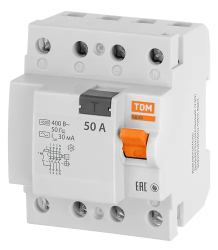 УЗО TDM Electric ВД63, 4P, 50A 30mA, серый, SQ0220-0011