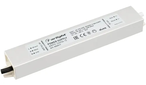 Драйвер Arlight / Арлайт ARPV-24036-D для светодиодных изделий, влагозащищенный в металлическом корпусе, серый, 182х30х20мм, 1.5А, 36Вт, 24В, IP67 / блок питания