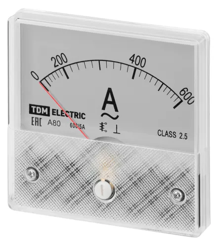 Амперметр TDM Electric / ТДМ Электрик А80 трансформаторного включения, аналоговый, из пластика, белый, 600А, класс точности 2.5, 81×81×47мм / прибор для измерения тока