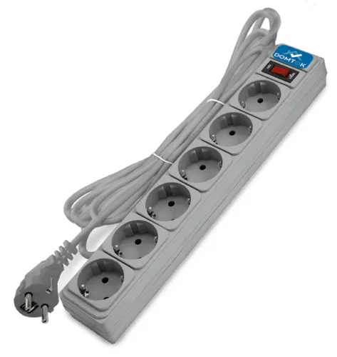 Сетевой фильтр DOMTOK / Домток с заземлением и выключателем, 10А 1.8 метра, 2200Вт, 6 гнезд, серый, 2518 / удлинитель