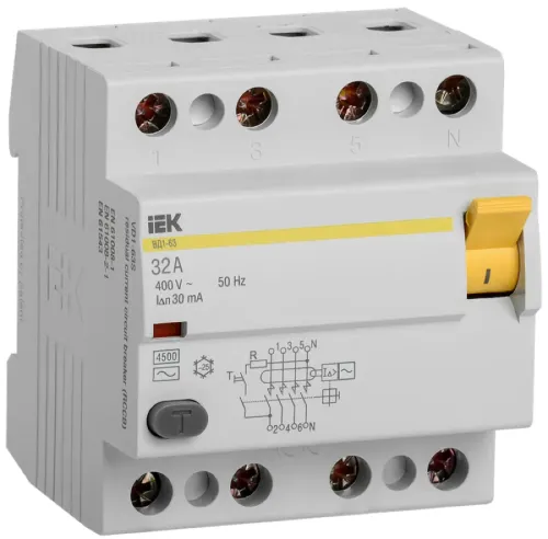 УЗО IEK ВД1-63, 4P, 32A 30мА, IP20, тип AC, MDV10-4-032-030