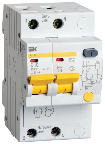 Дифференциальный автомат IEK АД-12 2P 30мА 230В 10А MAD10-2-010-C-030