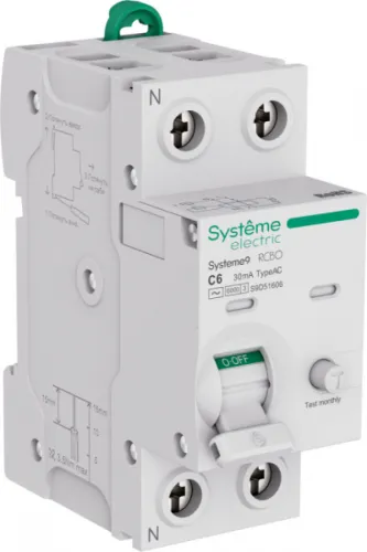 Дифференциальный автомат Systeme Electric / Систем Электрик Systeme9, 1P+N 6А 30мА 230В, характеристика С тип AC, 6кА, S9D51606 / автоматический выключатель