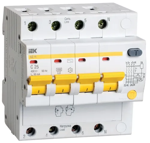 Дифференциальный автомат IEK АД-14 4P 30мА 400В 25А тип AC