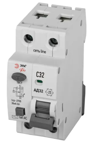 Дифференциальный автомат ЭРА Pro D32E2C25АC30P электронный АД-32 1P+N, 30мА C32 тип АС, 4.5кА, защита 230В, Б0057355 / автоматический выключатель