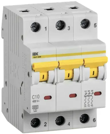 Автоматический выключатель IEK ВА47-60M, 3Р 10А, С 6кА
