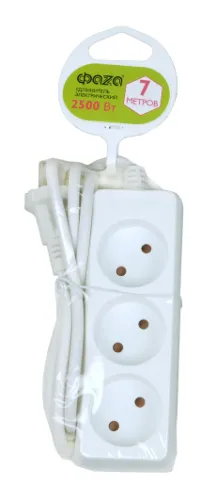 Удлинитель бытовой Фаzа / Фаза без заземления, ПСВ 2х0.75мм2, 10А 2200Вт IP20, 7 метров 3 розетки, белый 5032347