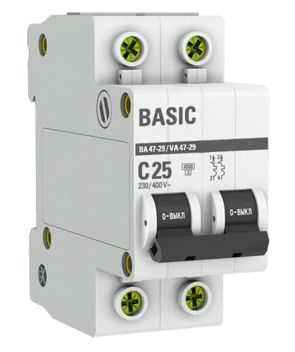 Автоматический выключатель EKF / ЕКФ ВА47-29 Basic 2Р 25А характеристика С 4.5кА, mcb4729-2-25C / электроавтомат