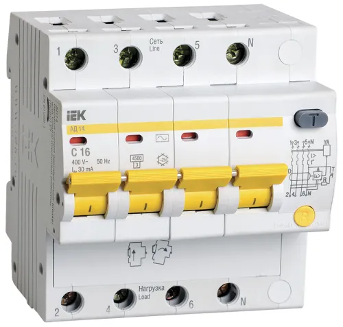 Дифференциальный автомат IEK АД-14 4P 30мА 50Гц 400В 16А C