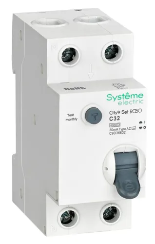Дифференциальный автомат Systeme Electric / Систем Электрик City9 Set, 1P+N 32А 30мА 230В, характеристика С тип AC, 6кА, C9D36632 / автоматический выключатель