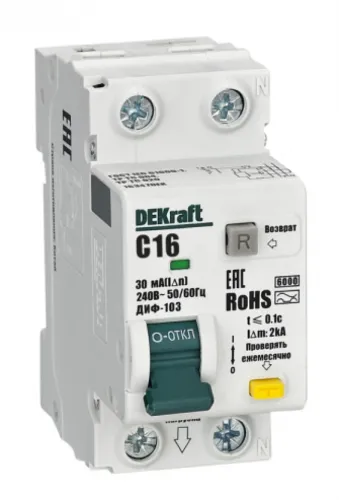 Дифф. автомат DEKraft ДИФ-103, 1П+N 16А 30мА 6кА C 16347DEK