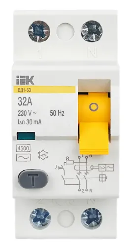 Устройство защитного отключения IEK / ИЭК ВД1-63 двухполюсный, в пластиковом корпусе, белый, 32A 30мА IP20 тип AС, MDV10-2-032-030 / УЗО