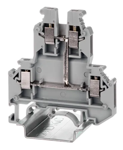 Клемма для проводов DKC / ДКС двухуровневая с винтовым зажимом, 4 точки подключения, уровни соединены перемычкой, корпус термопласт, 2.5мм.кв серый, 62х56х5.2мм, 1шт. / зажим