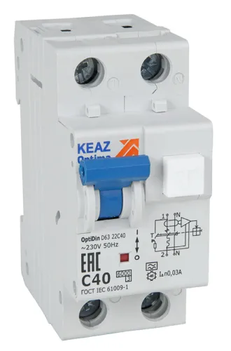 Дифференциальный автомат КЭАЗ OptiDin D63-22C16-A-У3, 2P 16А 30мА 6кА, тип А, характеристика С, 333142 / автоматический выключатель