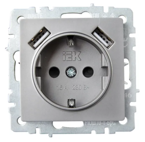 Розетка силовая IEK Brite РЮш10-1-БрБ USB A+A 16A 5V 2.1A сталь