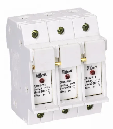 Держатель предохранителя DEKraft / ДеКрафт ДП-102 C14 со световой индикацией под DIN-рейку, 3P 63А, переменный (АС), 500В, IP20 / электрика