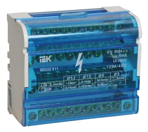 Шина IEK / ИЭК ШНК 4х11 3L+PEN, нулевая на DIN-рейку в корпусе (кросс-модуль), латунь, 87х100х50мм, 125А, YND10-4-11-125 / соединитель проводов