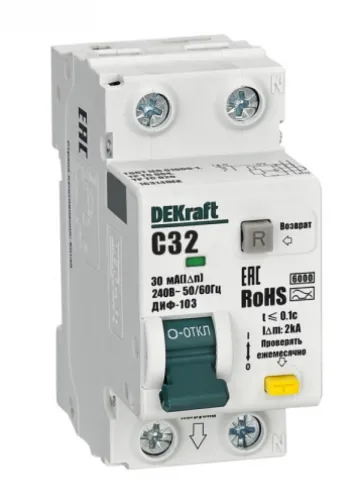 Дифференциальный автомат DEKraft / ДеКрафт ДИФ-103, 1П+N 32А 30мА 6кА, характеристика С тип АС, 16314DEK / автоматический выключатель