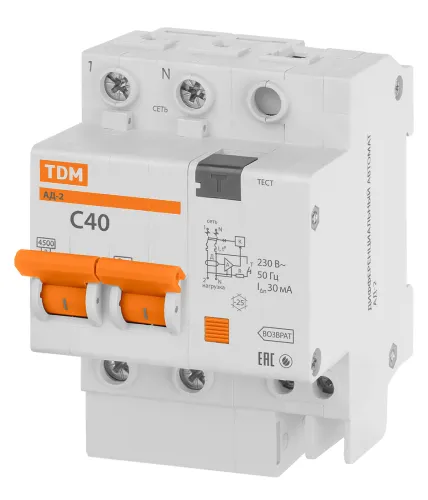 Дифференциальный автомат TDM Electric АД-2 2P C40 30мА 4.5кА