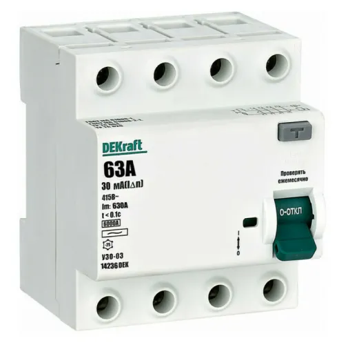 УЗО DEKraft УЗО-03, 4P, белый, 63A 30мA, 6kA, IP20, 14236DEK