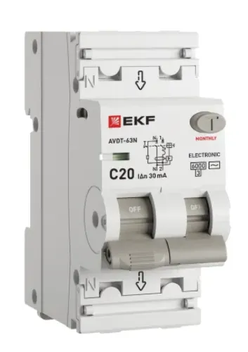 Дифференциальный автомат EKF / ЕКФ Proxima АВДТ-63N 1P+N 30мА 50Гц 230В 20А характеристика C тип АС, D63N26E20C30 / автоматический выключатель