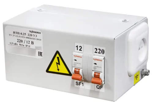 Ящик силовой Техэнерго ЯТП-0.25 220/12-2АВ У3 с понижающим трансформатором, однофазный в металлическом корпусе, серый, IP31 / электрика