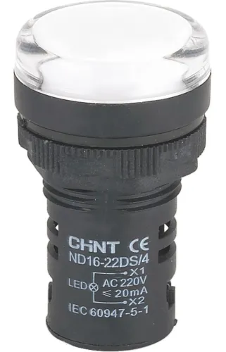 Лампа сигнальная индикаторная CHINT / Чинт ND16-22DS/2 светодиодная, с круглой линзой, белое свечение, длина 52мм, диаметр отверстия 22мм, 24В, AC/DC, IP40 / индикатор