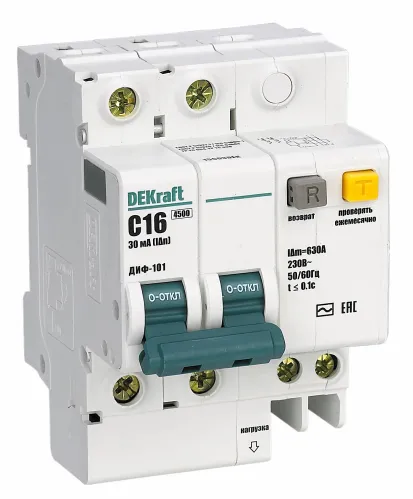 Дифференциальный автомат DEKraft / ДеКрафт ДИФ-101, 1P+N 25А 30мА, характеристика С тип AC, 4.5кА, 15159DEK / автоматический выключатель