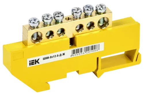 Шина IEK / ИЭК ШНИ-8х12-6-Д-Ж, PE земля на DIN-изоляторе, латунь, 6 соединений, 89х12х46.7мм, 125А / соединитель проводов