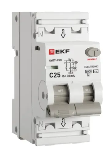 Дифференциальный автомат EKF / ЕКФ Proxima АВДТ-63N 1P+N 30мА 50Гц 230В 25А характеристика C тип АС, D63N26E25C30 / автоматический выключатель