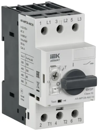 Автомат защиты двигателя IEK / ИЕК ARMAT A6 GV2P с термомагнитным расцепителем, трехполюсной, в пластиковом корпусе, серый, 6.3-10А, IP20 / электрика