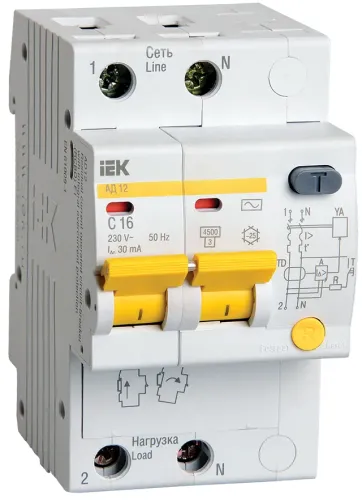 Дифференциальный автомат IEK / ИЭК АД-12 2P 30мА 50Гц 230В 16А характеристика C тип АС, MAD10-2-016-C-030 / автоматический выключатель