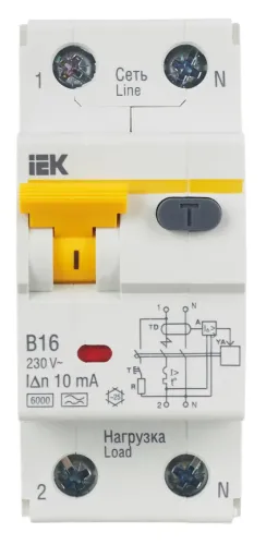 Дифференциальный автомат IEK АВДТ32, 2P 16А 10мА, B, 6кА