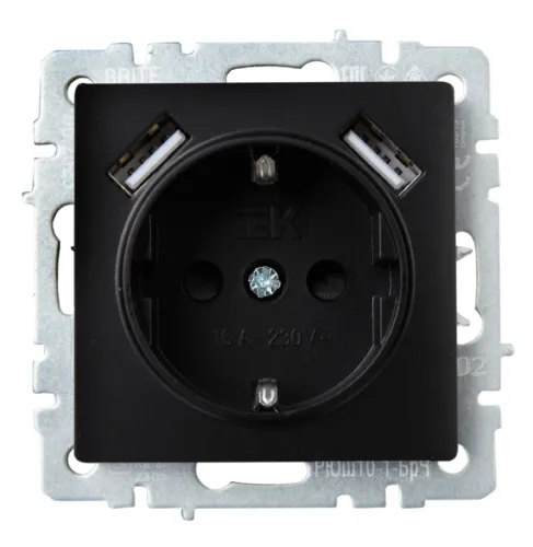 Розетка силовая штепсельная IEK / ИЭК Brite РЮш10-1-БрЧ с USB A+А, одноместная, 16А 5В 2.1А, черный, с заземлением и защитными шторками, BR-R14-16-U21-D21-K02 / электрооборудование