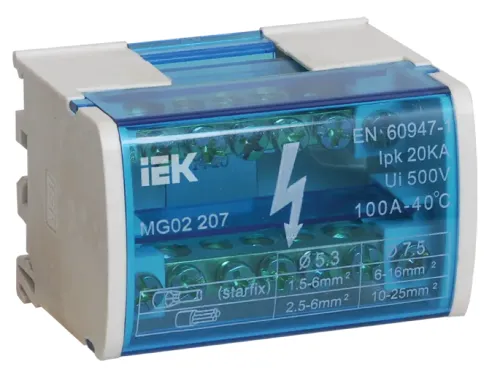 Шина IEK ШНК 2х7 L+PEN, нулевая на DIN-рейку, YND10-2-07-100