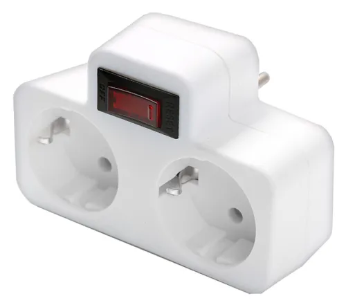 Разветвитель электрический сетевой DOMTOK / Домток плоский с термовыключателем, с заземление и шторками, 2 розетки, 250В 3500Вт, белый, 2664 / тройник