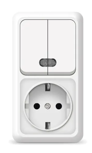 Блок UNIVersal / Юниверсал Олимп розетка и выключатель двухклавишный вертикальный из поликарбоната с подсветкой, белый, 220В, 16А, размером 122×68×48мм / электрика