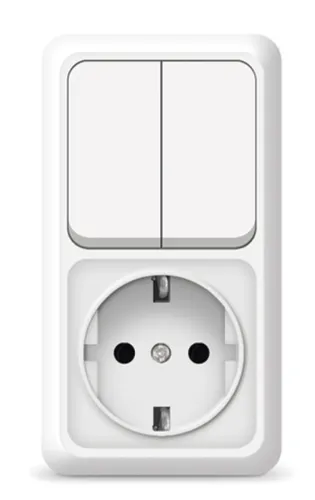 Блок UNIVersal / Юниверсал Олимп розетка и выключатель двухклавишный вертикальный из поликарбоната, белый, 220В, 16А, размером 122×68×48мм / электрика