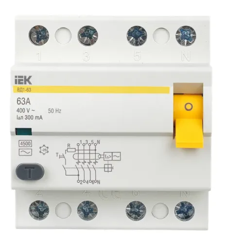 УЗО IEK ВД1-63, 4P, 63А, 300мА, тип AC, IP20, MDV10-4-063-300