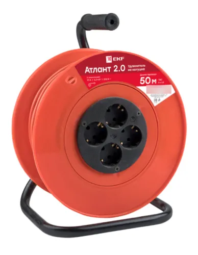 Удлинитель силовой на катушке EKF / ЕКФ PROxima Атлант 2.0 с заземлением, провод ПВС 3х1 красный 4 розетки, 10А 2.2кВт 50м, UKA02-10-310-4-50 / электрика