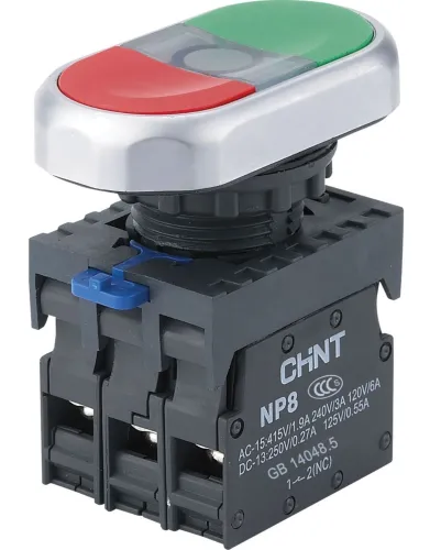 Кнопка управления CHINT / Чинт NP8-11SD/3 двойная, красная/зеленая, 1НО+1НЗ, IP65, под отверстие диаметром 22мм, 667563 / кнопочный пост