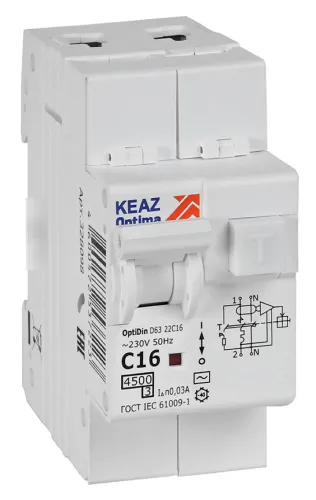 Дифференциальный автомат КЭАЗ OptiDin D63-22C16-AC-У3, 2P, 16A, 30mA