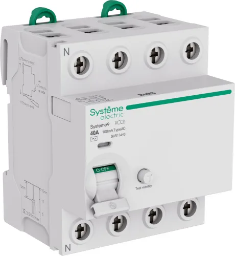Устройство защитного отключения Systeme Electric / Систем Электрик Systeme9 4P, в пластиковом корпусе, белый, 40A 100мА IP20 тип AС, 400В, S9R13440 / УЗО