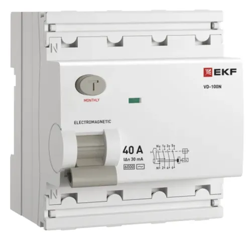 Дифференциальный автомат EKF / ЕКФ PROxima ВД-100N, 4P 40А 30мА, тип AC, 6кА, E1046M4030 / автоматический выключатель