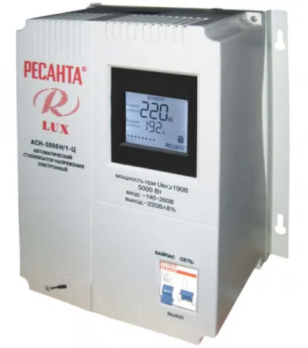 Стабилизатор напряжения Ресанта LUX АСН-5000 Н/1-Ц релейный однофазный, настенный в металлическом корпусе, серый, входное напряжение 140-260В, 50Гц, 5кВт, IP20 / электрика