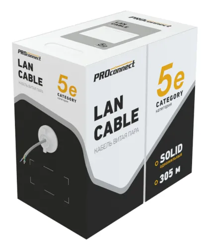 Кабель информационный PROconnect / Проконнект Indoor solid 24AWG 4PR, витая пара, омедненный CCA ПВХ серый, U/UTP, cat5e, 4 пары, 5.1мм, 305м / электрика
