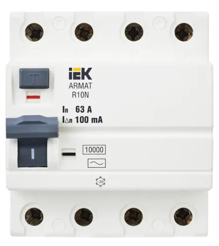 Устройство защитного отключения IEK / ИЭК Armat ВДТ четырехполюсный, в пластиковом корпусе, серый, 63А 100мА, тип АC, IP20, AR-R10N-4-063C100 / УЗО