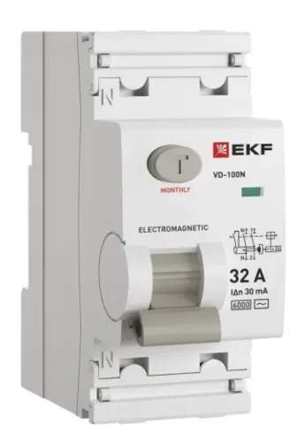 Дифференциальный автомат EKF / ЕКФ PROxima ВД-100N, 2P 32А 30мА, тип AC, 6кА, E1026M3230 / автоматический выключатель