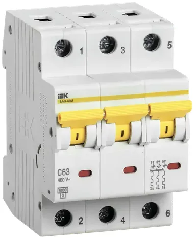 Автоматический выключатель IEK ВА47-60M, 3Р 63А С 6кА