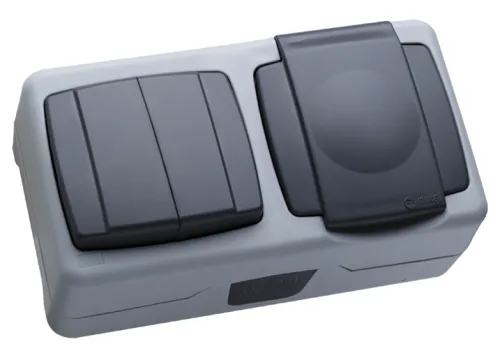 Блок Makel / Макел розетка и выключатель двухклавишный горизонтальный, с заземлением и крышкой, серый, 250В, 10/16А IP55, размером 142х77.3х59.43мм / электрика